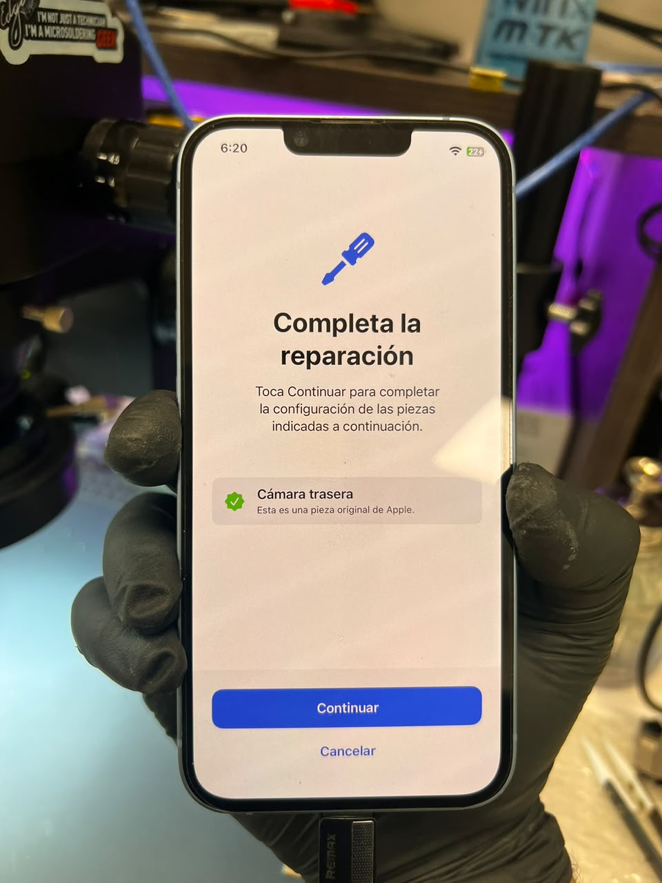 Cámara reemplazada reconocida como pieza original de Apple